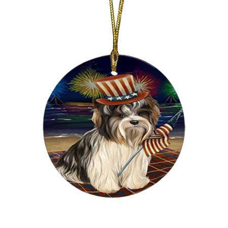 4th of July Independence Day Firework Biewer Terrier Dog Round Flat Christmas Ornament RFPOR52007