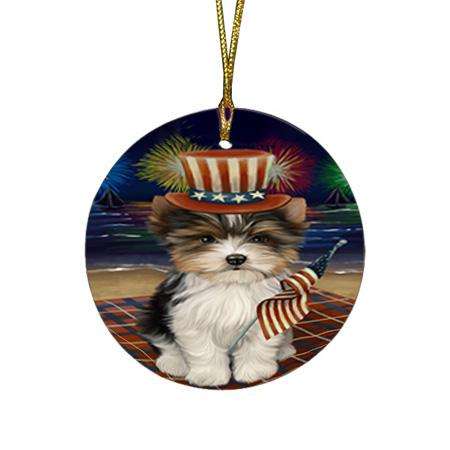 4th of July Independence Day Firework Biewer Terrier Dog Round Flat Christmas Ornament RFPOR52009