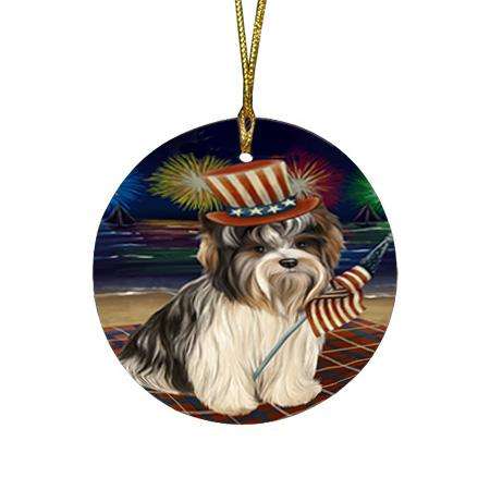 4th of July Independence Day Firework Biewer Terrier Dog Round Flat Christmas Ornament RFPOR52397
