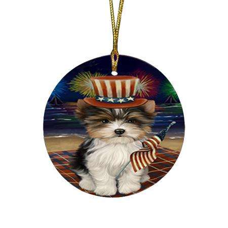 4th of July Independence Day Firework Biewer Terrier Dog Round Flat Christmas Ornament RFPOR52399