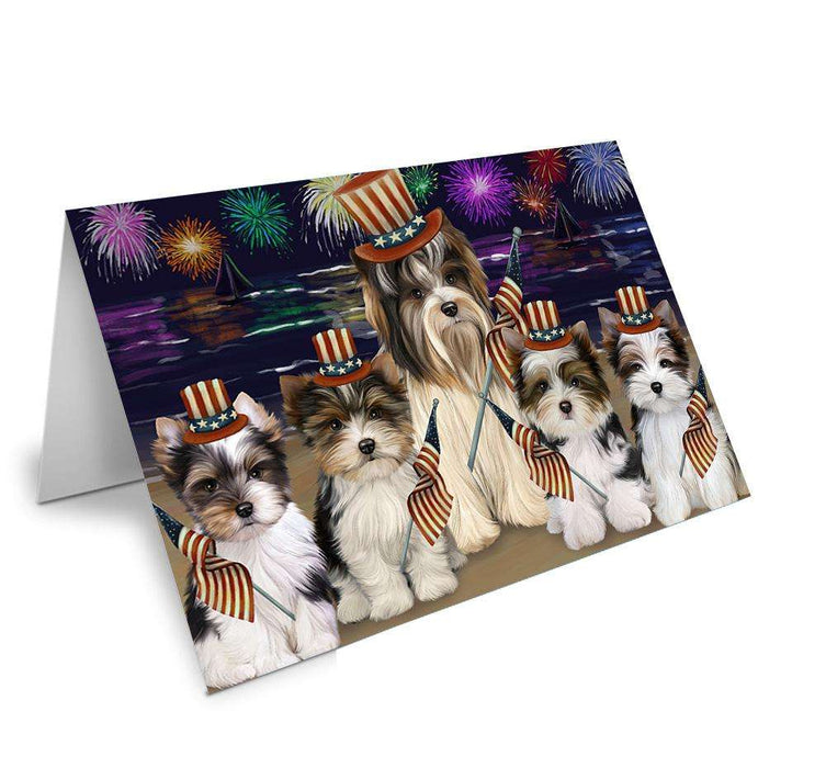 4th of July Independence Day Firework Biewer Terriers Dog Handmade Artwork Assorted Pets Greeting Cards and Note Cards with Envelopes for All Occasions and Holiday Seasons GCD61250