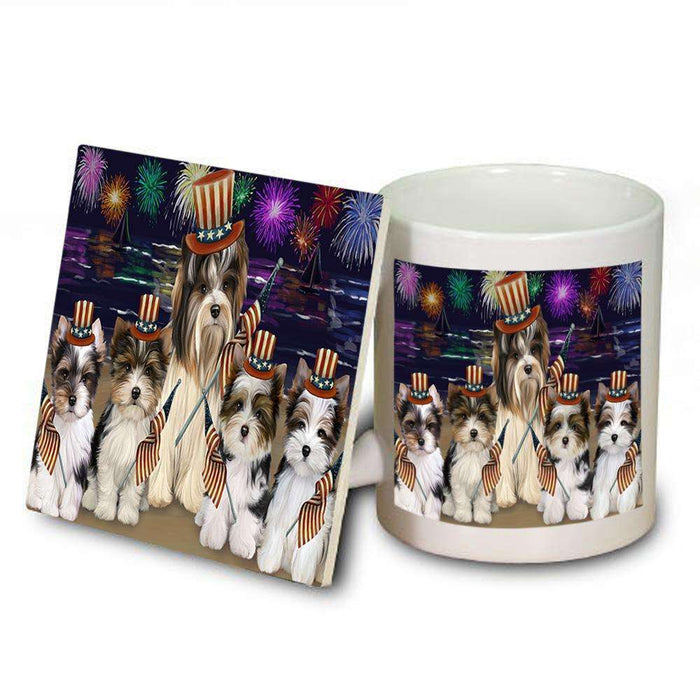 4th of July Independence Day Firework Biewer Terriers Dog Mug and Coaster Set MUC52009