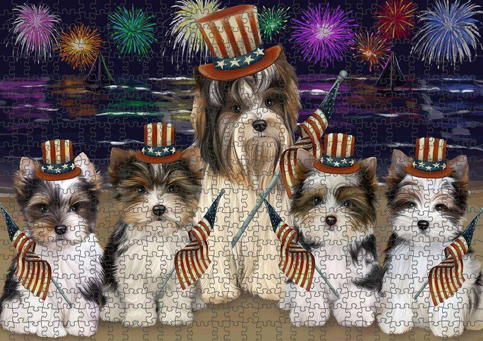 4th of July Independence Day Firework Biewer Terriers Dog Puzzle with Photo Tin PUZL61152