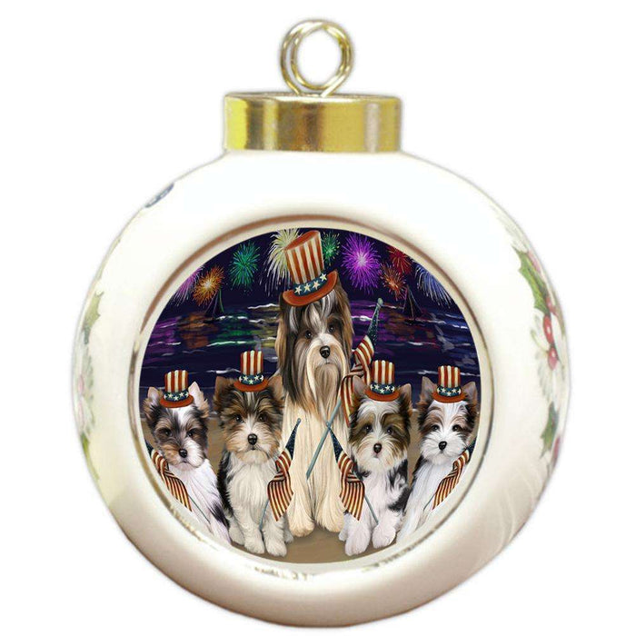 4th of July Independence Day Firework Biewer Terriers Dog Round Ball Christmas Ornament RBPOR52017