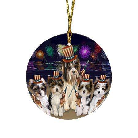 4th of July Independence Day Firework Biewer Terriers Dog Round Flat Christmas Ornament RFPOR52398