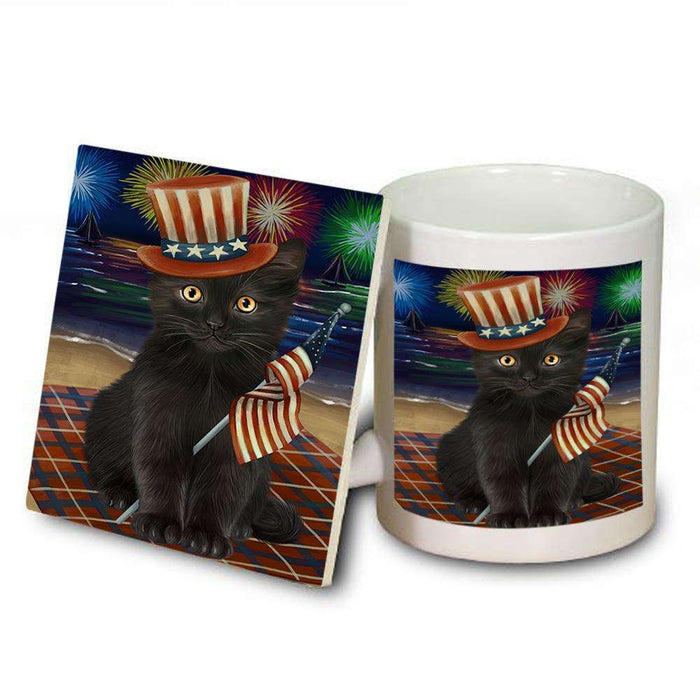 4th of July Independence Day Firework Black Cat Mug and Coaster Set MUC52403