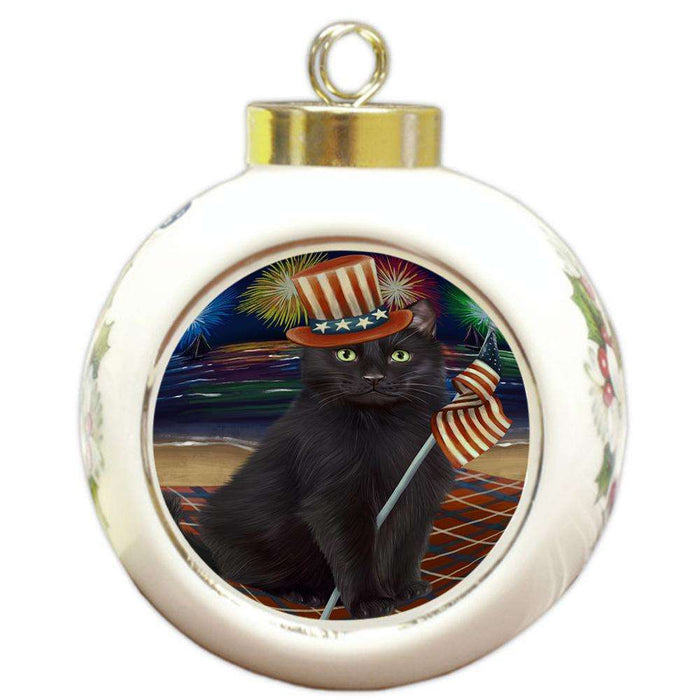 4th of July Independence Day Firework Black Cat Round Ball Christmas Ornament RBPOR52019