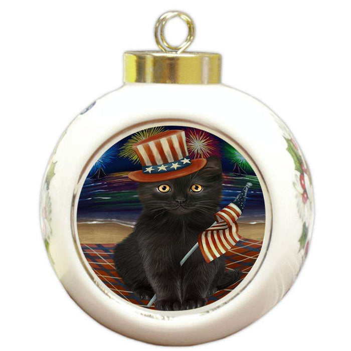 4th of July Independence Day Firework Black Cat Round Ball Christmas Ornament RBPOR52021