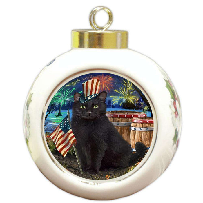 4th of July Independence Day Firework Black Cat Round Ball Christmas Ornament RBPOR54037