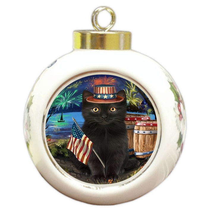 4th of July Independence Day Firework Black Cat Round Ball Christmas Ornament RBPOR54038