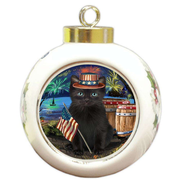 4th of July Independence Day Firework Black Cat Round Ball Christmas Ornament RBPOR54039