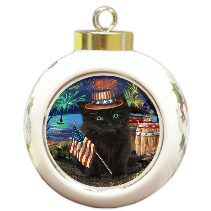4th of July Independence Day Firework Black Cat Round Ball Christmas Ornament RBPOR54041