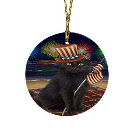 4th of July Independence Day Firework Black Cat Round Flat Christmas Ornament RFPOR52010