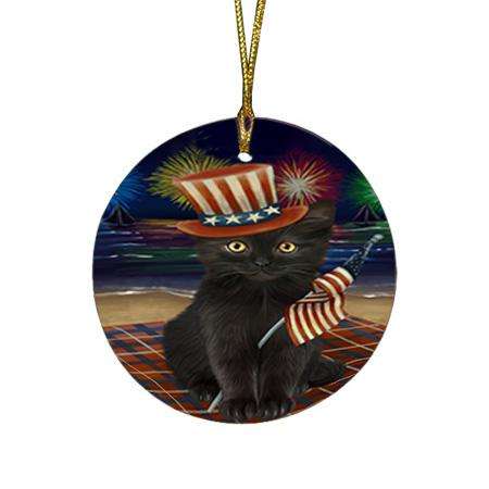 4th of July Independence Day Firework Black Cat Round Flat Christmas Ornament RFPOR52012
