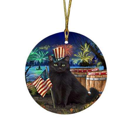 4th of July Independence Day Firework Black Cat Round Flat Christmas Ornament RFPOR54028