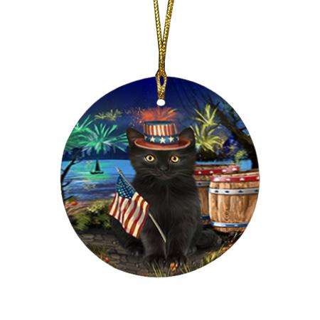 4th of July Independence Day Firework Black Cat Round Flat Christmas Ornament RFPOR54029