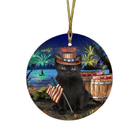 4th of July Independence Day Firework Black Cat Round Flat Christmas Ornament RFPOR54030