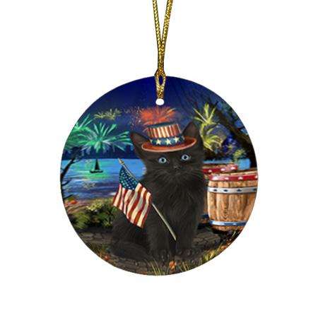 4th of July Independence Day Firework Black Cat Round Flat Christmas Ornament RFPOR54031
