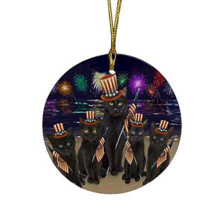 4th of July Independence Day Firework Black Cats Round Flat Christmas Ornament RFPOR52011