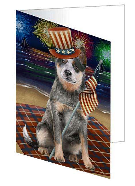 4th of July Independence Day Firework Blue Heeler Dog Handmade Artwork Assorted Pets Greeting Cards and Note Cards with Envelopes for All Occasions and Holiday Seasons GCD61265