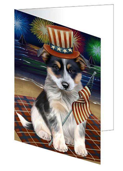 4th of July Independence Day Firework Blue Heeler Dog Handmade Artwork Assorted Pets Greeting Cards and Note Cards with Envelopes for All Occasions and Holiday Seasons GCD61271