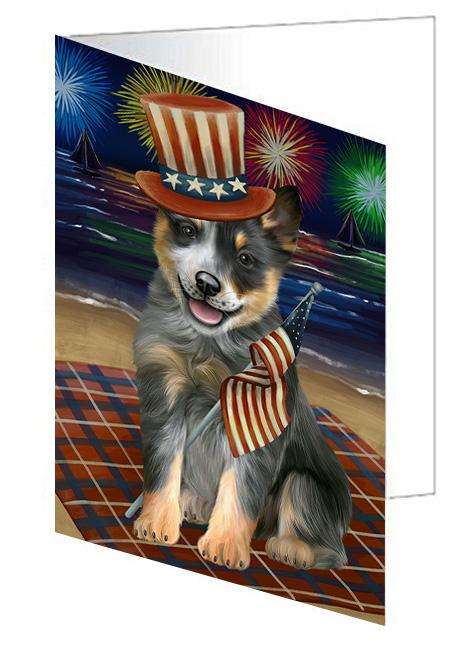 4th of July Independence Day Firework Blue Heeler Dog Handmade Artwork Assorted Pets Greeting Cards and Note Cards with Envelopes for All Occasions and Holiday Seasons GCD61274