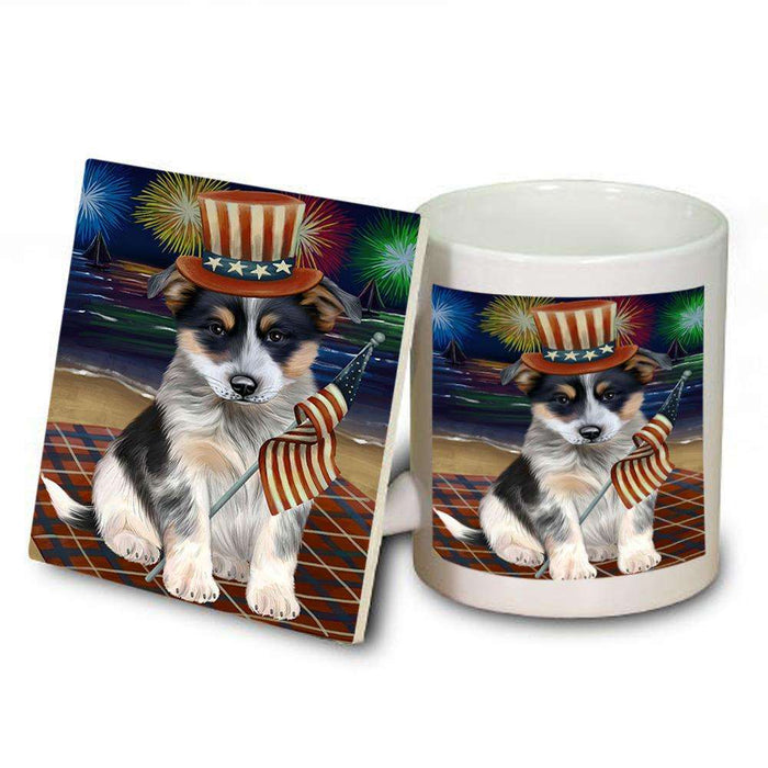 4th of July Independence Day Firework Blue Heeler Dog Mug and Coaster Set MUC52016