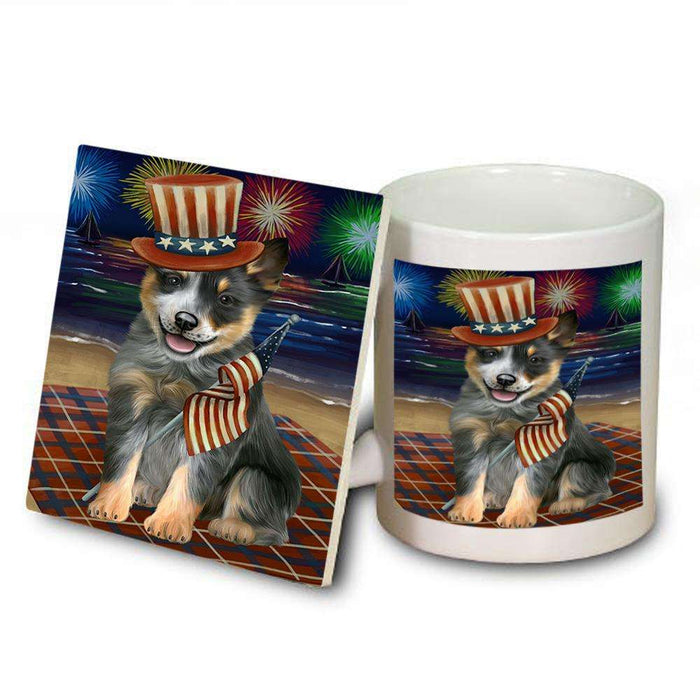 4th of July Independence Day Firework Blue Heeler Dog Mug and Coaster Set MUC52017