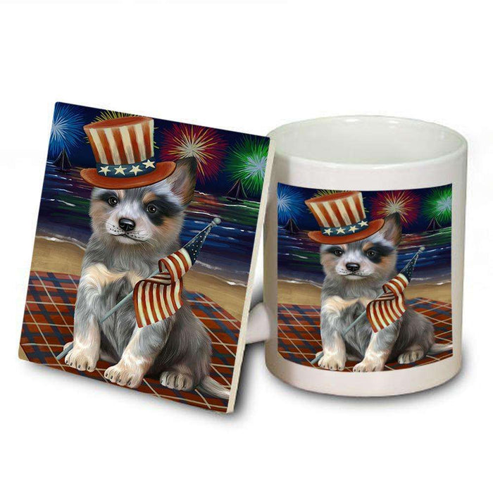 4th of July Independence Day Firework Blue Heeler Dog Mug and Coaster Set MUC52018