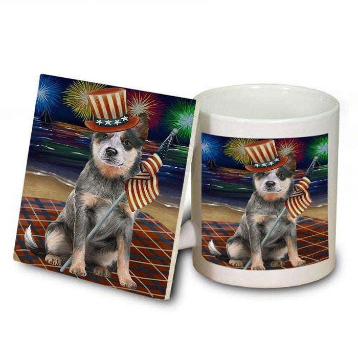 4th of July Independence Day Firework Blue Heeler Dog Mug and Coaster Set MUC52404