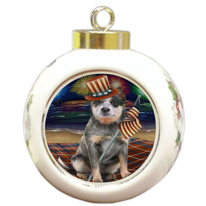 4th of July Independence Day Firework Blue Heeler Dog Round Ball Christmas Ornament RBPOR52022
