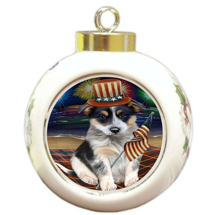 4th of July Independence Day Firework Blue Heeler Dog Round Ball Christmas Ornament RBPOR52024