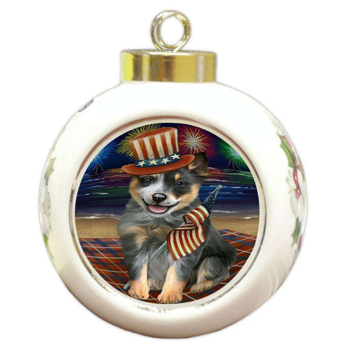 4th of July Independence Day Firework Blue Heeler Dog Round Ball Christmas Ornament RBPOR52025