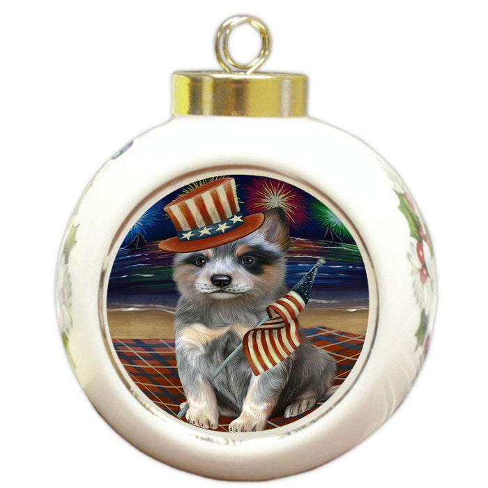 4th of July Independence Day Firework Blue Heeler Dog Round Ball Christmas Ornament RBPOR52026