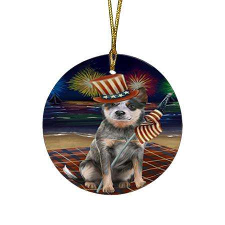 4th of July Independence Day Firework Blue Heeler Dog Round Flat Christmas Ornament RFPOR52013