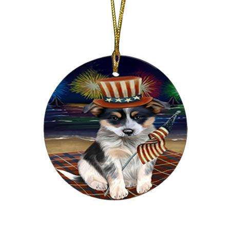 4th of July Independence Day Firework Blue Heeler Dog Round Flat Christmas Ornament RFPOR52015