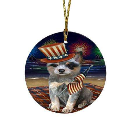 4th of July Independence Day Firework Blue Heeler Dog Round Flat Christmas Ornament RFPOR52017