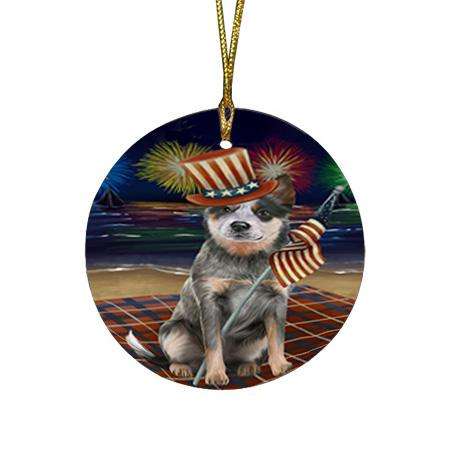 4th of July Independence Day Firework Blue Heeler Dog Round Flat Christmas Ornament RFPOR52403