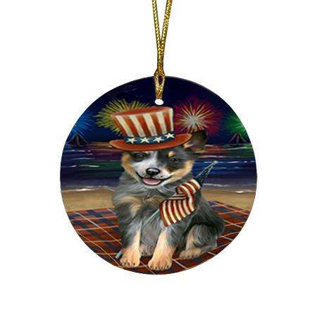 4th of July Independence Day Firework Blue Heeler Dog Round Flat Christmas Ornament RFPOR52406