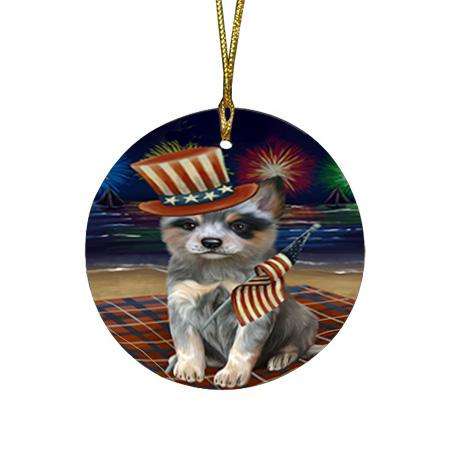 4th of July Independence Day Firework Blue Heeler Dog Round Flat Christmas Ornament RFPOR52407