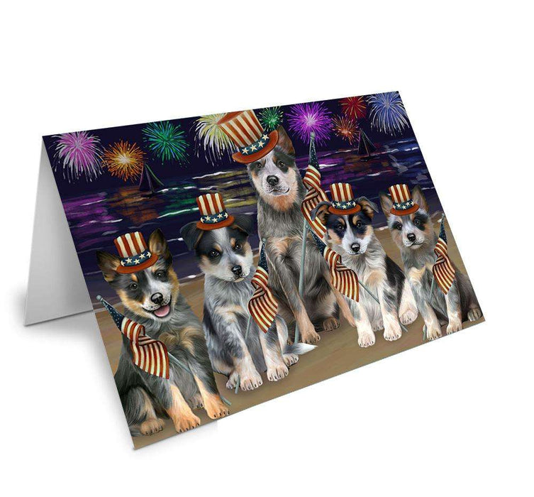 4th of July Independence Day Firework Blue Heelers Dog Handmade Artwork Assorted Pets Greeting Cards and Note Cards with Envelopes for All Occasions and Holiday Seasons GCD61268