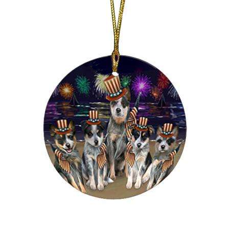 4th of July Independence Day Firework Blue Heelers Dog Round Flat Christmas Ornament RFPOR52014