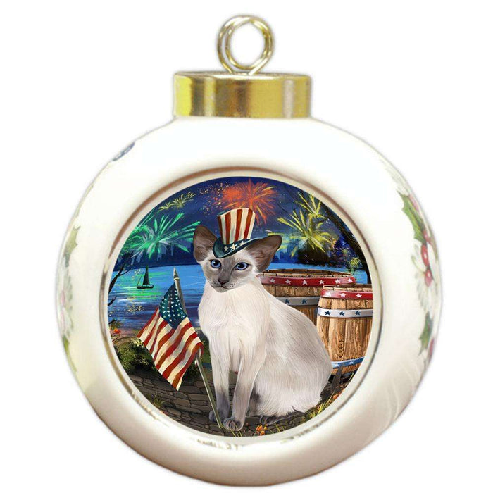4th of July Independence Day Firework Blue Point Siamese Cat Round Ball Christmas Ornament RBPOR54042