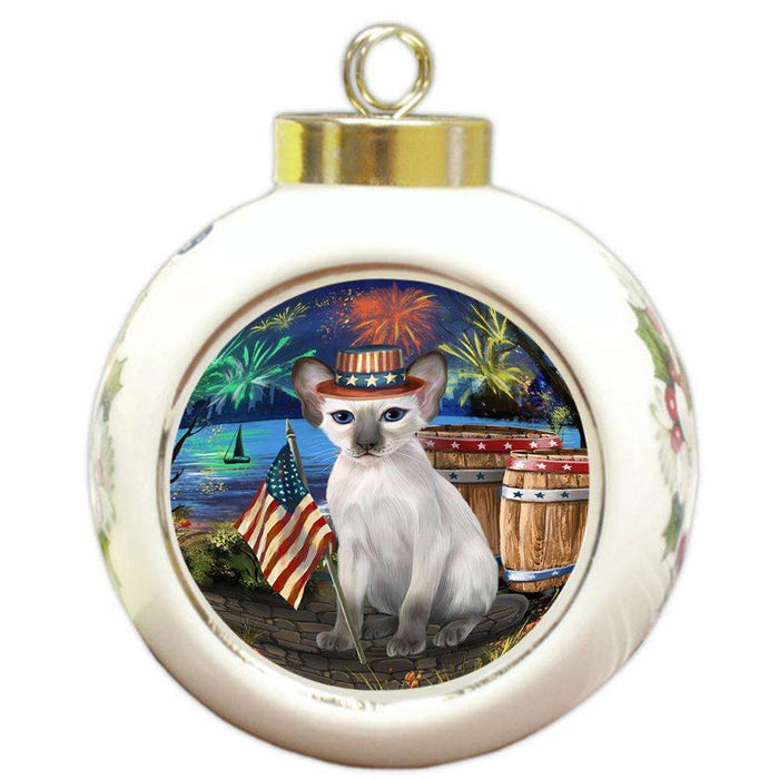 4th of July Independence Day Firework Blue Point Siamese Cat Round Ball Christmas Ornament RBPOR54043