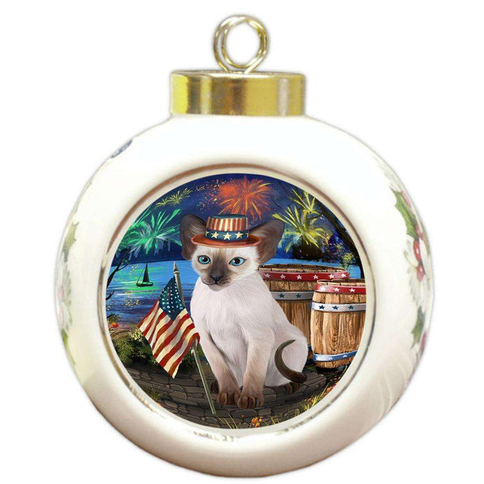 4th of July Independence Day Firework Blue Point Siamese Cat Round Ball Christmas Ornament RBPOR54044