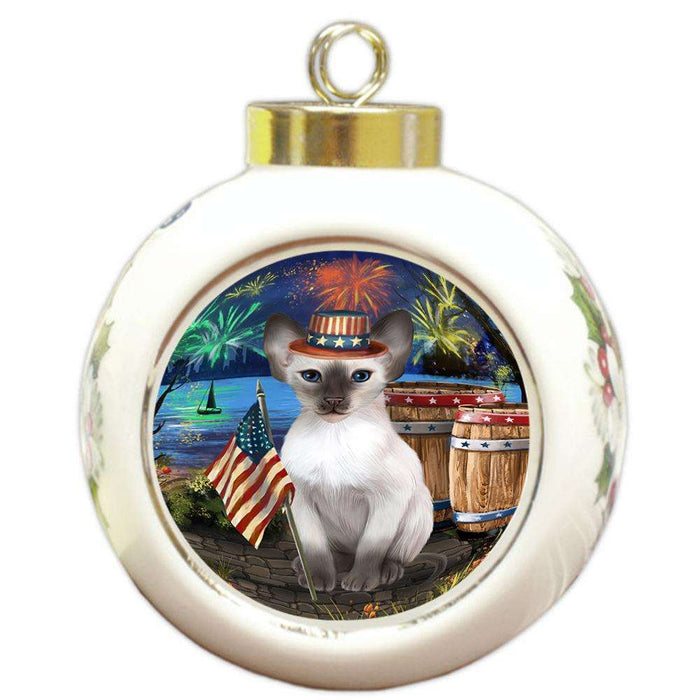 4th of July Independence Day Firework Blue Point Siamese Cat Round Ball Christmas Ornament RBPOR54045