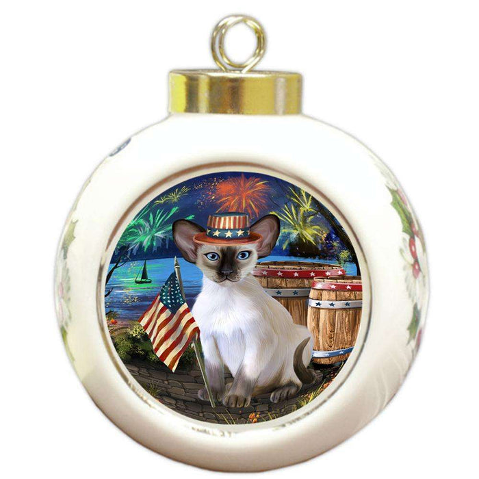 4th of July Independence Day Firework Blue Point Siamese Cat Round Ball Christmas Ornament RBPOR54046