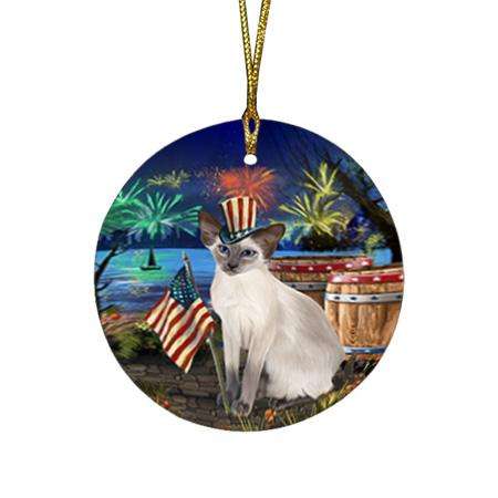 4th of July Independence Day Firework Blue Point Siamese Cat Round Flat Christmas Ornament RFPOR54033