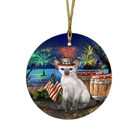 4th of July Independence Day Firework Blue Point Siamese Cat Round Flat Christmas Ornament RFPOR54034