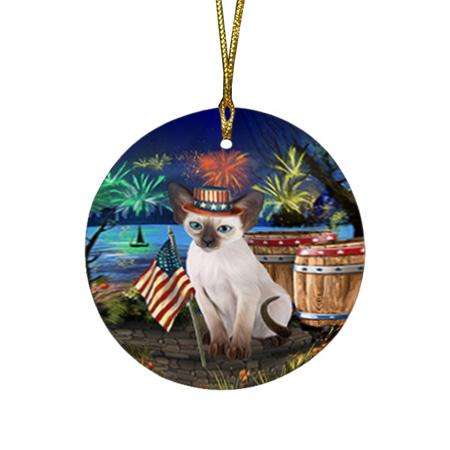 4th of July Independence Day Firework Blue Point Siamese Cat Round Flat Christmas Ornament RFPOR54035